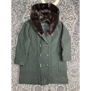 Vintage Women L.L.Bean Wool Duffel Coat Faux Fur-lined Hood Cuffs Size 20 Green
